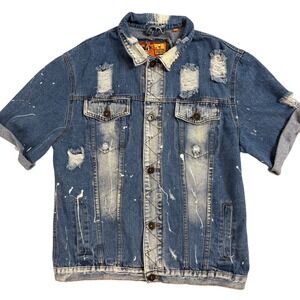 Rolling Paper Denim Jacket Distressed Paint Splatter Short Sleeve Mens Large